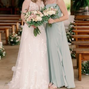 Birdy Grey dress “Winnie” sage green chiffon w/slit, size med (altered)